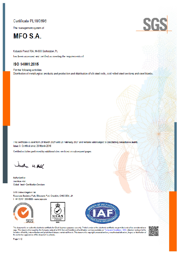 aAV S.A. Certyfikat ISO 14001:2015 ENG