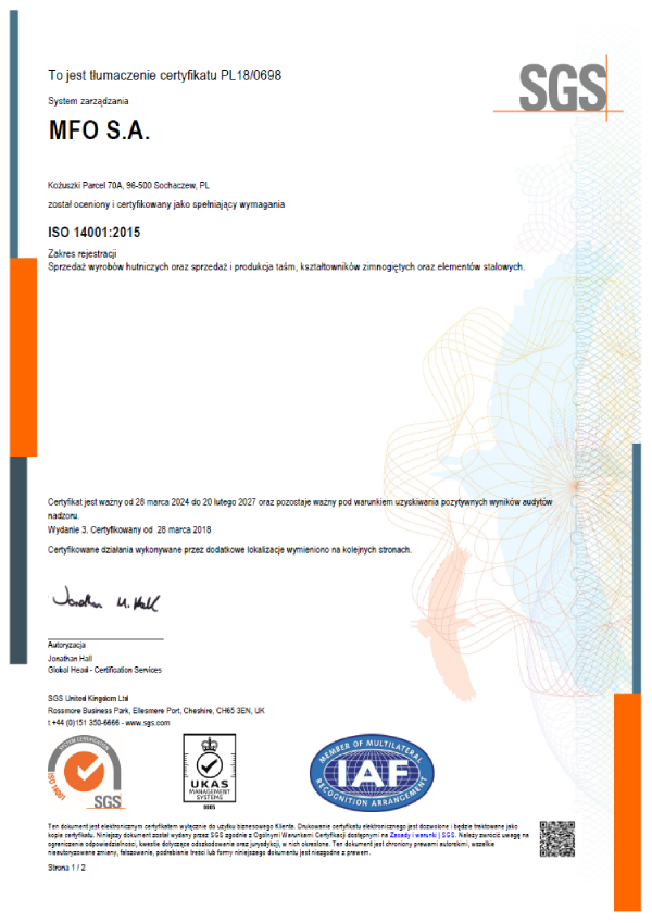 aAV S.A. Certyfikat ISO 14001:2015