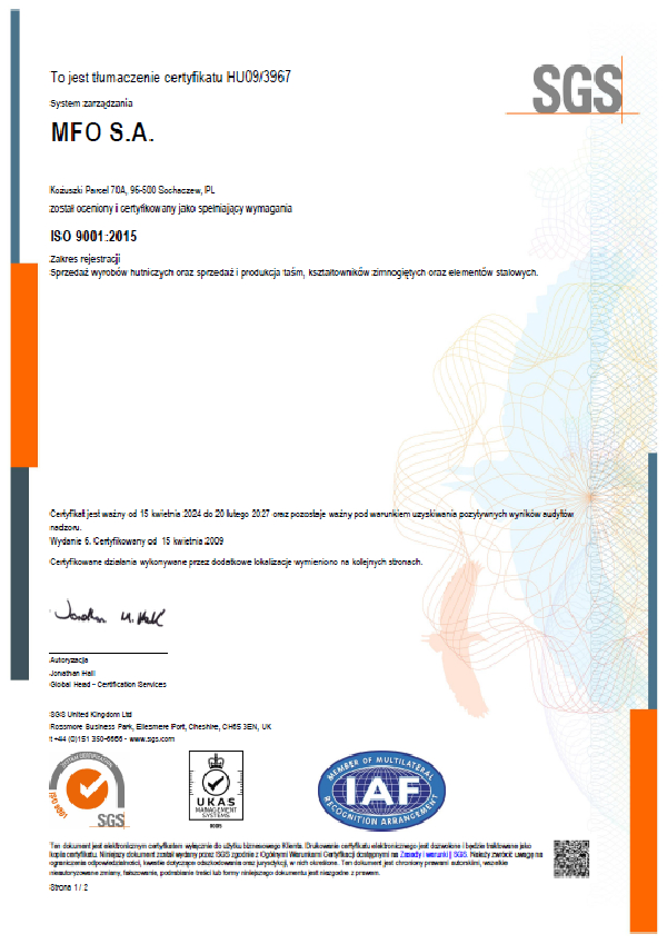 aAV S.A. Certyfikat ISO 9001:2015 ENG