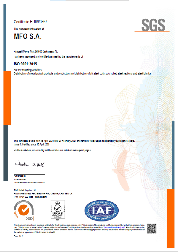 aAV S.A. Certyfikat ISO 9001:2015 PL